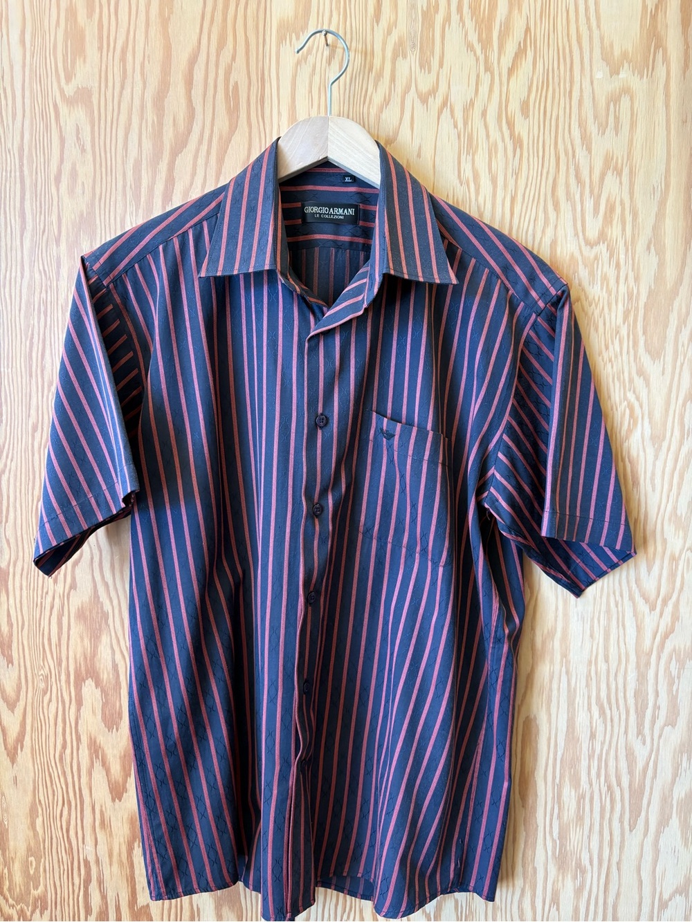 Giorgio Armani Black Shirt with Pinstripes — Short Sleeve Button-Up